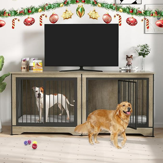 Rovibek 75 Inch Dog Crate Furniture for 2 Dogs, Wooden Dog Cage Furniture, Decorative Dog Kennels with Double Doors, Double Dog Kennel Furniture, Dog Crate TV Stand for Large Dogs, Grey