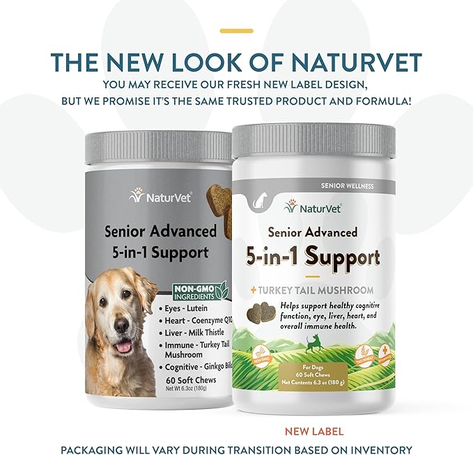NaturVet Senior Advanced 5-in-1 Support Dog Supplement – Helps Support Immune System, Heart, Liver, Cognitive Function, Eye Health – Includes Ginkgo Biloba, Lutein – 60 Ct.