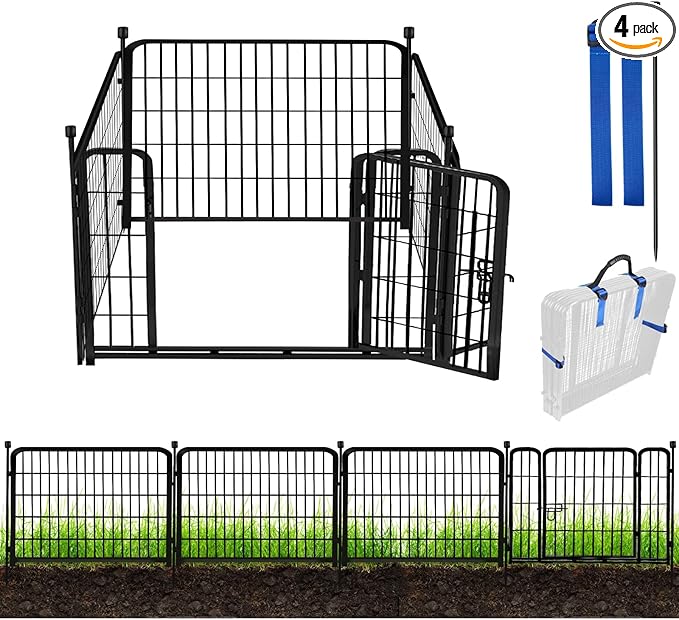 ADAVIN 24 in(H) Garden Fence with Gate, 4 Panels Total 9.8 Ft(L), Heavy Duty Iron Metal Animal Barrier Fence, Camping Fence, No Dig Garden Border Fencing for Yard