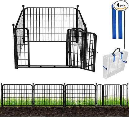 ADAVIN 24 in(H) Garden Fence with Gate, 4 Panels Total 9.8 Ft(L), Heavy Duty Iron Metal Animal Barrier Fence, Camping Fence, No Dig Garden Border Fencing for Yard