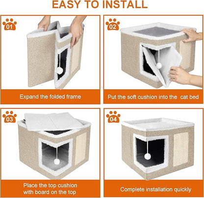 Cat Houses for Indoor Cats - Large Cat Bed Cave with Scratch Pad and Fluffy Ball, Foldable Cat Condo Hideaway with Reversible Cushion for Multi Small Pet, Khaki