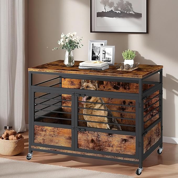 YITAHOME 39" Dog Crate Furniture with Wheels, Farmhouse Decorative Wood Dog Cage End Table Chew-Resistant Wooden Dog Kennel Indoor for Small Dogs, Rustic Brown