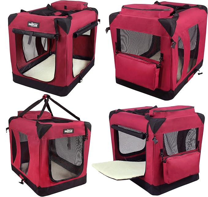 EliteField 3-Door Folding Soft Dog Crate with Carrying Bag and Fleece Bed (2 Year Warranty), Indoor & Outdoor Pet Home (24" L x 18" W x 21" H, Maroon)