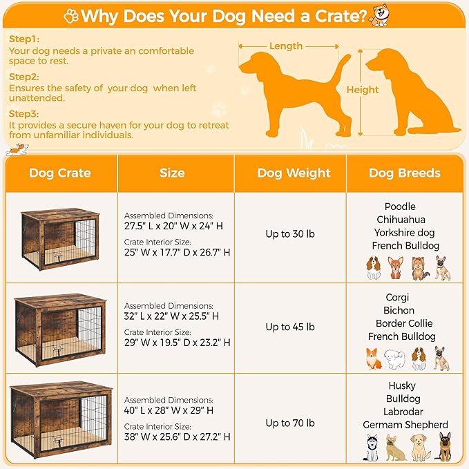 Yaheetech 32'' Dog Crate Furniture with Cushion Wooden Dog Crate with Double Doors/Adjustable Feet Side End Table for Small/Medium Dogs