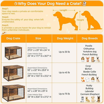 Yaheetech 32'' Dog Crate Furniture with Cushion Wooden Dog Crate with Double Doors/Adjustable Feet Side End Table for Small/Medium Dogs