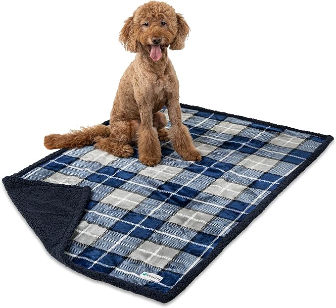 PetAmi WATERPROOF Dog Blanket for Bed, XL Dog Pet Blanket Couch Cover Protection, Sherpa Fleece Leakproof Bed Blanket for Crate Kennel Sofa Furniture Protector, Reversible Soft Plush 80x60 Plaid Navy