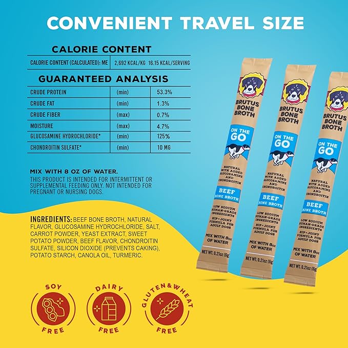 Brutus Bone Broth for Dogs - Bone Broth Powder with Chondroitin Glucosamine & Turmeric - Human Grade Dog Food Toppers for Dry Food & Picky Eaters - 5 Stick (Beef)