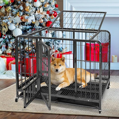 30Inch Dog Cage for Medium Size Dogs, Heavy Duty Dog Crate with Removable Tray, Metal Dog Kennel Indoor Escape Proof, High Anxiety Crate with Double Doors, Lockable Wheels