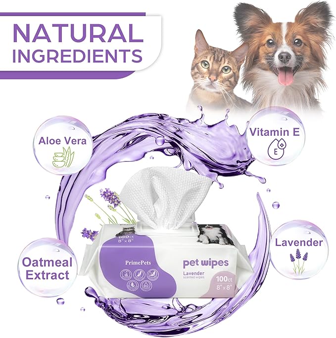 PrimePets Dog Wipes for Paws and Butt, 100 Count, 8" x 8" Pet Wipes for Dogs Cats Cleaning Deodorizing, Lavender Scented, Extra Thick Puppy Wipes for Sensitive Skin, Grooming for Bums, Face and Body