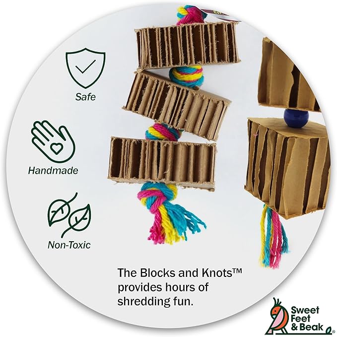 Sweet Feet and Beak Blocks N Knots - Perfect Cage Shredding and Foraging Toy for All Birds - Food Safe Cardboard, Non-Toxic, Easy to Install Cage Accessories