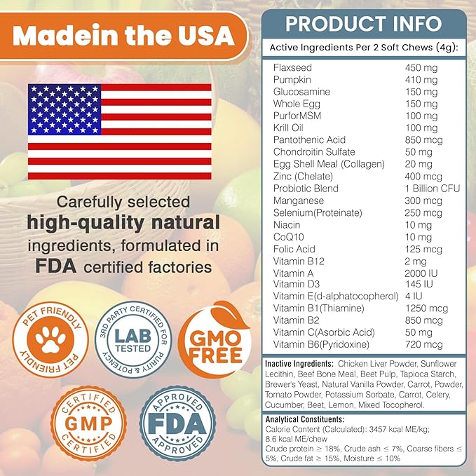 24-in-1 Dog Vitamins and Supplements 200 Ct Dogs Multivitamin Chewable Contain Chondroitin Probiotics Omega-3 Glucosamine for Dogs Skin Coat Heart Joint Gut Liver Brain Eyes Immune Support - Chicken