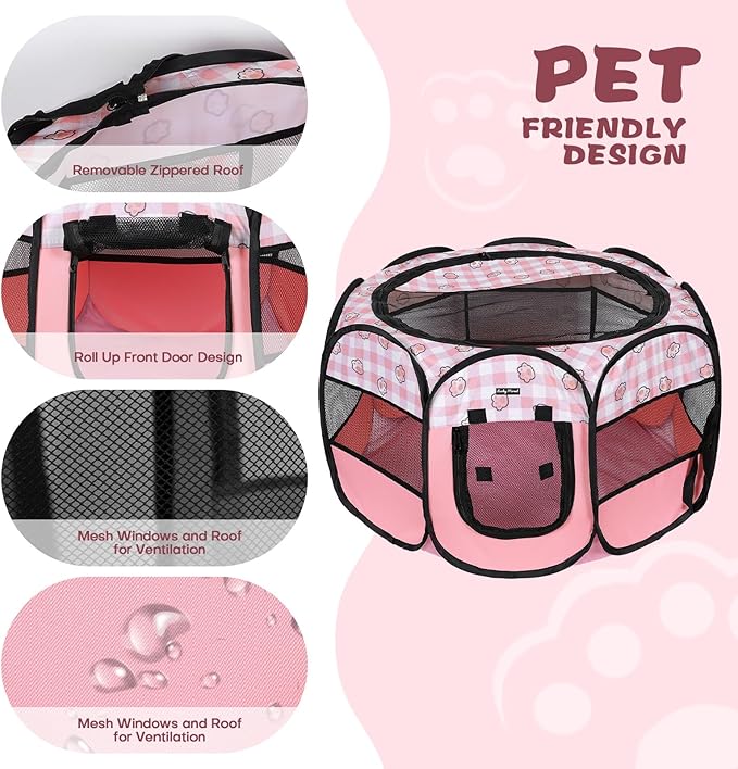Lucky Monet Foldable Dog Playpen Cat Puppy Playpen Indoor Pop Up Pet Animal Playpen Outdoor Kennel Cage Pen Tent for Small Medium Dog Puppy Cat Kitten Rabbit - Medium, Pink
