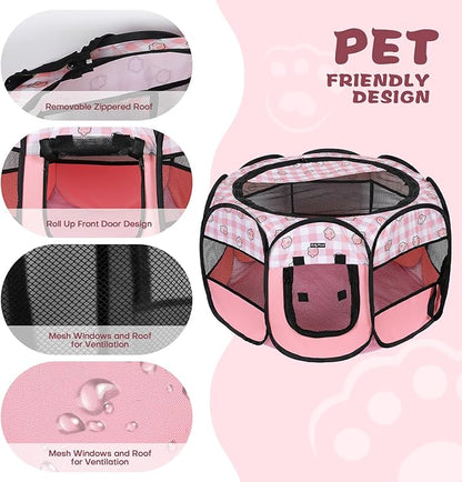 Lucky Monet Foldable Dog Playpen Cat Puppy Playpen Indoor Pop Up Pet Animal Playpen Outdoor Kennel Cage Pen Tent for Small Medium Dog Puppy Cat Kitten Rabbit - Medium, Pink
