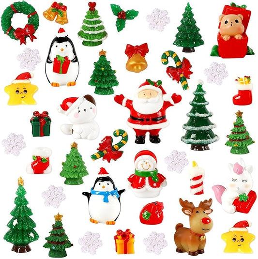 56Pcs Miniature Christmas Figurines, Xmas Mini Resin Figures Santa Elk Penguin Snowflake Tiny Ornaments for Snowglobe DIY Christmas Village Dollhouse Decor