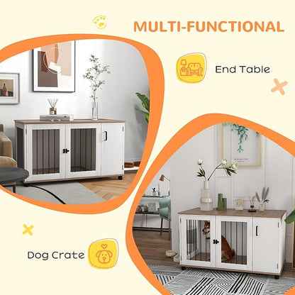 PawHut Dog Crate Furniture Side End Table with Storage, Dog Kennel Furniture Indoor with Double Doors for Medium and Large Dogs, Walnut