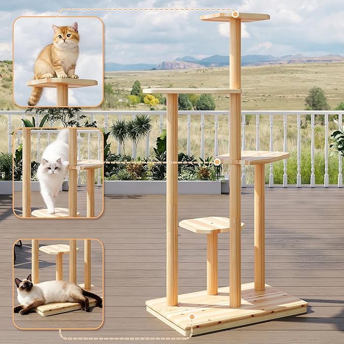 Outdoor Cat Tree - Durable 4-Tier Natural Wood for Multiple Cats, All-Weather for Patio, Garden, Balcony - Ideal for Scratching, Climbing, and Lounging