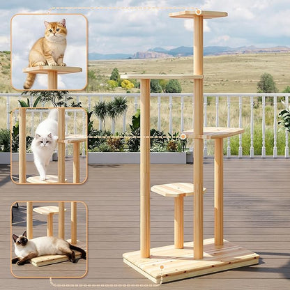 Outdoor Cat Tree - Durable 4-Tier Natural Wood for Multiple Cats, All-Weather for Patio, Garden, Balcony - Ideal for Scratching, Climbing, and Lounging