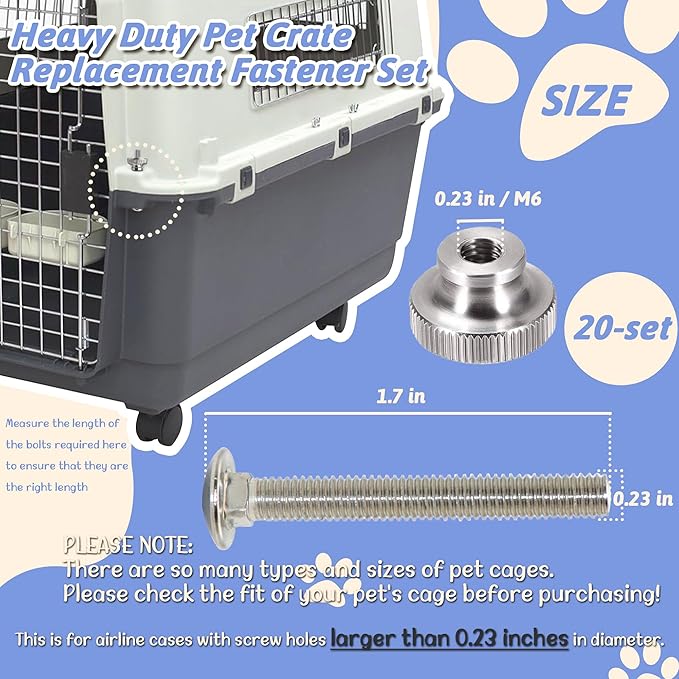 20 Sets Pet Carrier Replacement Fasteners Set - Heavy Duty Stainless Steel Bolts and Nuts for Kennel and Carrier - Includes 20pcs M6 Bolts and Nuts - Dog and Cat Carrier Replacement Parts