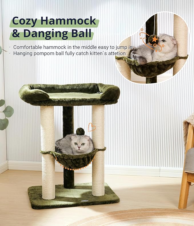 Happi N Pets 28" Large Cat Tree Tower for Indoor Cats, Cat Scratch Post with Large Bed for Maine Coon Big Cats, Sisal Cat Scratcher with Soft Perch & Hammock, Stable Cat Stand, Removable Cover-Green