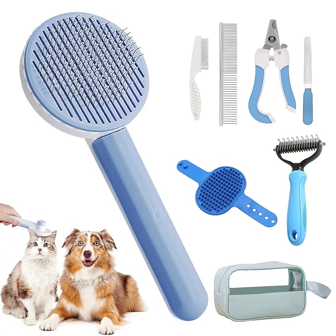 Pet Grooming Brush Kit 7pcs, Cat Brush with Release Button Comb Set for Shedding -Cat Brush&Nail Clippers File Set for Cat Dogs Long matted Haired Pets and Nail Repair(Blue)