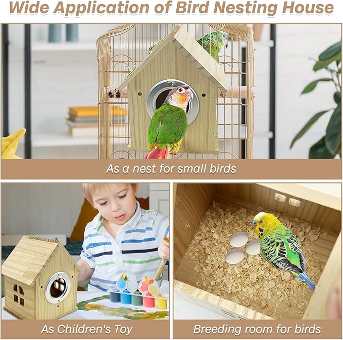 PINVNBY Parakeet Nesting Box Wooden Bird House for Cage Parrot Breeding Mating Box for Lovebirds Cockatiel Finch Cockatoo Canary and Small and Medium-Sized Birds (M: 7.91 * 6.3 * 5.82 inch)