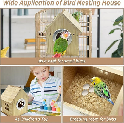 PINVNBY Parakeet Nesting Box Wooden Bird House for Cage Parrot Breeding Mating Box for Lovebirds Cockatiel Finch Cockatoo Canary and Small and Medium-Sized Birds (M: 7.91 * 6.3 * 5.82 inch)