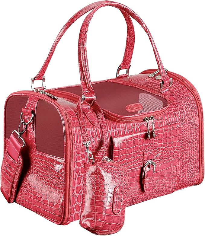 Fashion Pet Carrier, Small Dog Carrier, Cat Carrier, Quality PU Leather Dog Purse, Collapsible Portable Pet Carrying Handbag for Travel Walking Hiking (Pink)