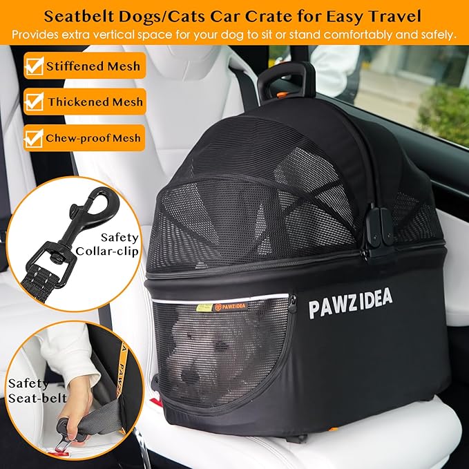 PAWZIDEA Portable Small Dog Crate for Car Travel, Enclosed Pet Car Seats for Small/Medium Dogs & Cats, Reversible No-Zip Canopy, Soft-Sided Pet Carrier Cage, Collapsible Travel Dog Kennel, Chew-Proof