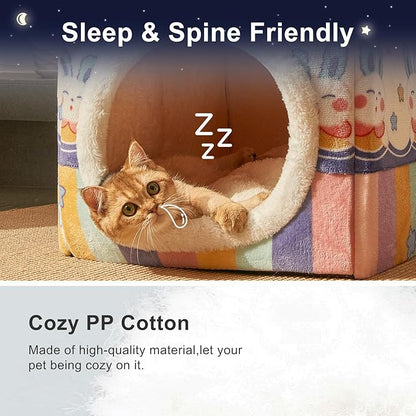 JIUPETY Cute Cat Beds for Indoor Cats, Foldable Cat House with Non-Slip Bottom, S Size Kitten Bed Up to 8 Lbs Kitty, Rainbow