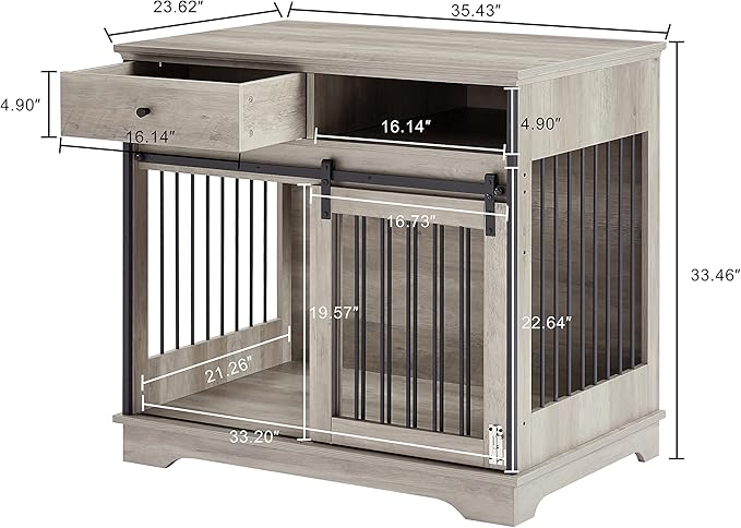 Dog Crate Furniture, Dog Crate Table with Sliding Barn Door, 35" Dog Kennel Furniture Heavy Duty Wood Crates for Small/Medium/Large Dogs Kennel Indoor Grey One Size