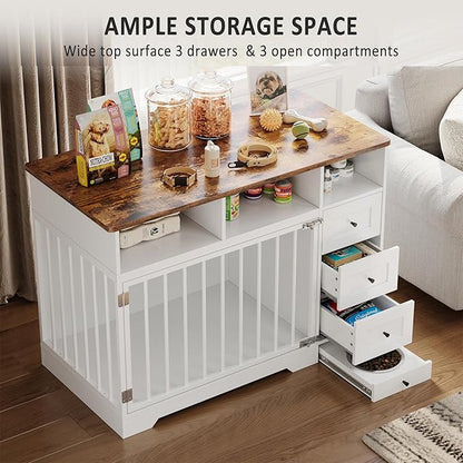 Dog Crate Furniture for Small Dogs, Wooden Dog Kennel Indoor with Storage Shelves, 3 Drawers & Hidden Bowl, Modern Pet Cage Side End Table, up to 120 lb, 48" L, Steel Lock, White