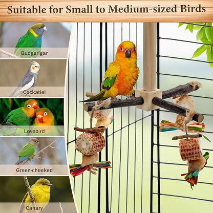 2-Pack 360° Rotating Parrot Perch Toy with Chew Toy, Natural Wooden Perch Stand, Bird Cage Accessory with Exercise Wheel for Small & Medium Birds Like Parrot Finches Muscicapidae etc, US