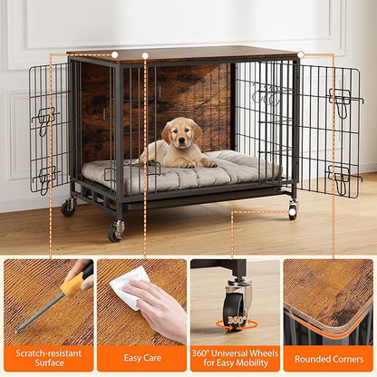 Small Dog Crate Furniture, 27.2"L x 20.1"W x 23.6"H，Indoor Pet Crate with Double Doors, Removable Tray and 360° Wheels, Wooden Countertop Dog Kennel, Brown&Black