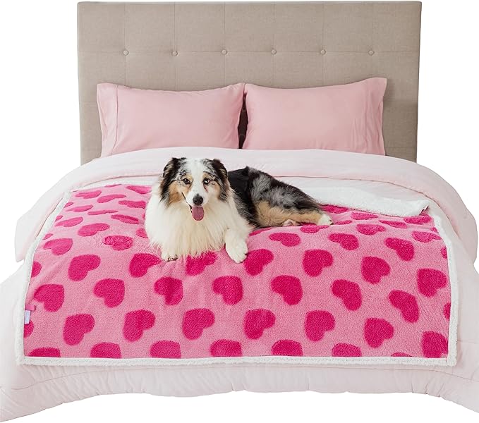 Lesure Waterproof Puppy Blanket for Large Dogs - Washable Double Sided Dog Blankets with Warm Jacquard Shag and Soft Sherpa Fleece, Pet Cat Blanket for Bed Couch Protection, Love Pattern Design，Pink