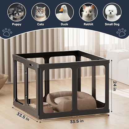 Acrylic Dog Playpen Indoor, 8 PCS Plastic Puppy Playpen with Door, Clear PlayPen for Dog Cat Rabbit Ferret, Easy Assemble Pen, Preferable Small Cage, Black, 33.5" L x 33.5" W x 24" H