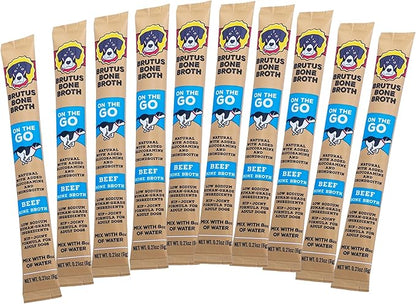Brutus Bone Broth for Dogs - Bone Broth Powder with Chondroitin Glucosamine & Turmeric - Human Grade Dog Food Toppers for Dry Food & Picky Eaters - 10 Stick (Beef)
