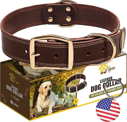 ADITYNA Heavy Duty Leather Dog Collar - Soft and Strong Leather Dog Collar for All Dog Breeds (Large: Fit 17" - 23" Neck, Brown - Gold Colored Buckle)