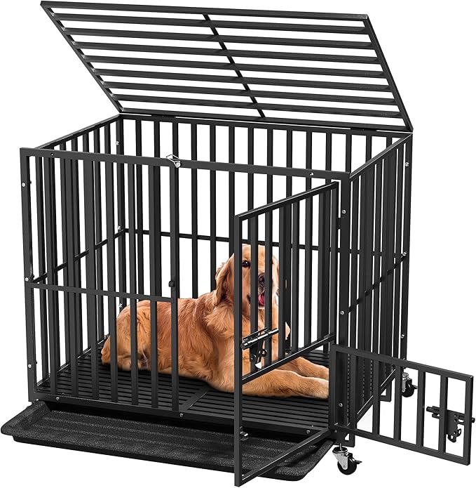 YITAHOME Heavy Duty Indestructible Dog Crate, 37 inch Escape Proof Dog Cage Kennel with Lockable Wheels, High Anxiety Dog Crate, Large Crate Indoor for Small Dog with Removable Tray