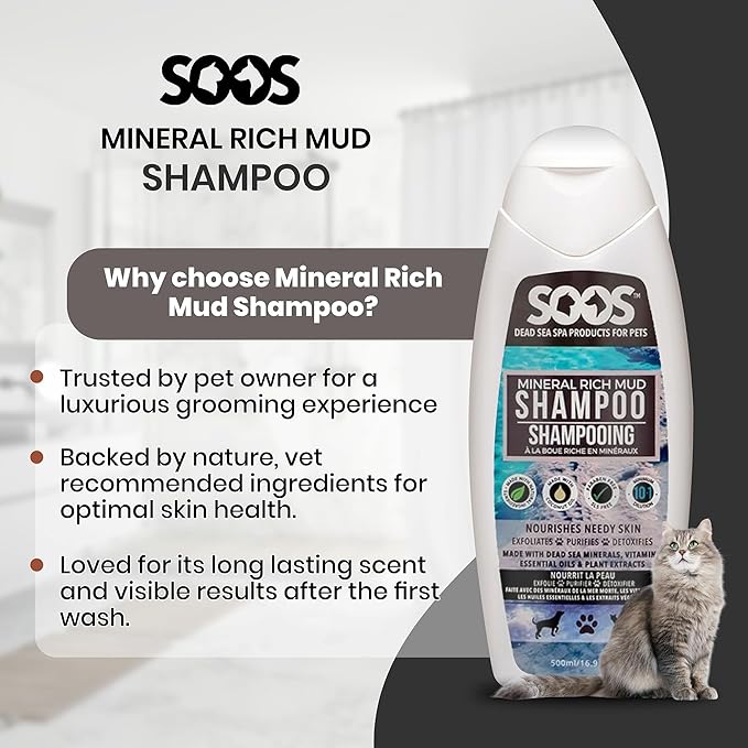 Soos Pet Dog Shampoo for Cats and Pets Mineral Rich Mud Natural Dead Sea Cruelty Free Fast Absorbing Skin Cooling First Aid Antib-acterial and Antif-ungal Odor Remover - 1x Pet Shampoo (500ml)