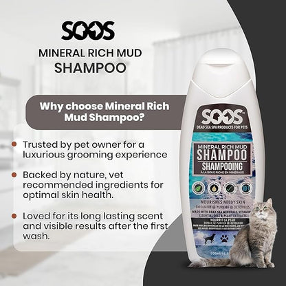 Soos Pet Dog Shampoo for Cats and Pets Mineral Rich Mud Natural Dead Sea Cruelty Free Fast Absorbing Skin Cooling First Aid Antib-acterial and Antif-ungal Odor Remover - 1x Pet Shampoo (500ml)