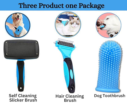3-in-1 Pet Grooming Set - Self-Cleaning Slicker Brush, Deshedding Rake Comb, and Finger Toothbrush for Dogs & Cats | Perfect for Grooming, Dematting, and Dental Care (blue)