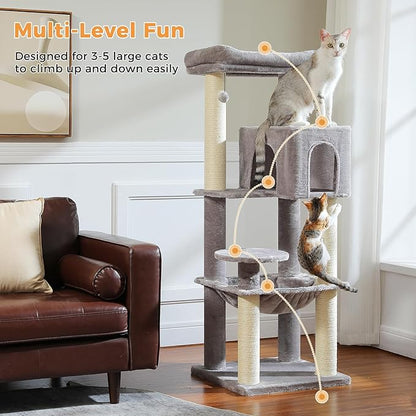 PETEPELA Cat Tree for Large Cats up to 30 lbs, 58" Heavy Duty Cat Tower with Reinforced Scratching Posts[ φ3.9”], Large Hammock, Spacious Condo & Top Perch, Sturdy Cat Furniture for Maine Coons, Grey