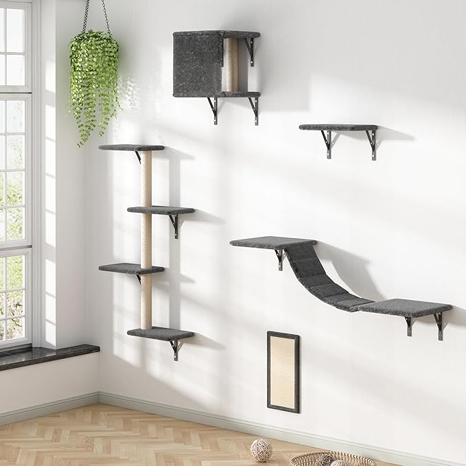 Cat Wall Shelves, Wall Mounted Cat Furniture, Cat Wall Cimber with Perches, Scratchers and Condo, Set of 5 (Grey)