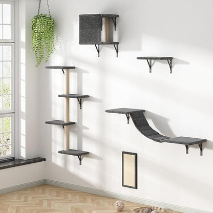 Cat Wall Shelves, Wall Mounted Cat Furniture, Cat Wall Cimber with Perches, Scratchers and Condo, Set of 5 (Grey)