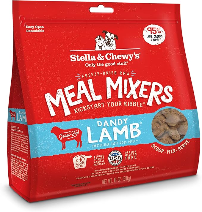 Stella & Chewy's Freeze Dried Raw Dandy Lamb Meal Mixer  Dog Food Topper for Small & Large Breeds  Grain Free, Protein Rich Recipe  18 oz Bag