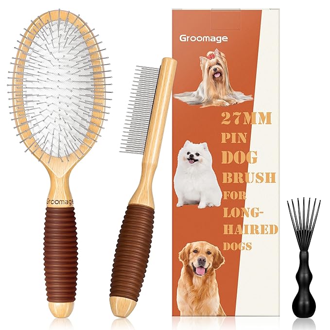 Dog Brush for Long Haired Dogs, 27mm Extra Long Metal Pin Dog Deshedding Brush and Comb Set, Short Haired Shedding Grooming Detail Pets Brush Set with Rubber Handle