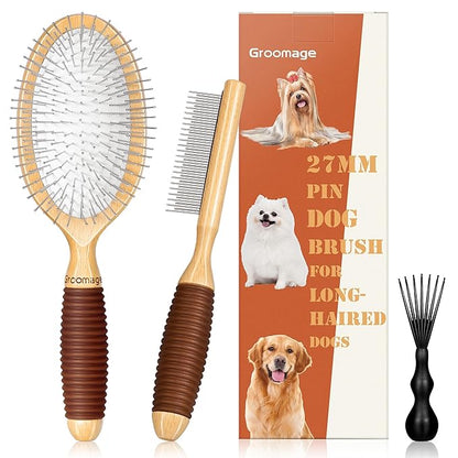Dog Brush for Long Haired Dogs, 27mm Extra Long Metal Pin Dog Deshedding Brush and Comb Set, Short Haired Shedding Grooming Detail Pets Brush Set with Rubber Handle