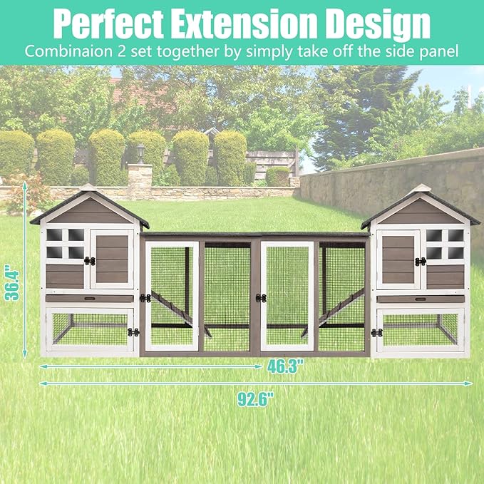 48" L Rabbit Hutch Indoor Outdoor Rabbit Cage with Run, Pull Out Tray, Asphalt Roof Large 2 Story Bunny Hutch Wooden Chicken Coop Guinea Pigs Pet House Cage for Small Animals(Grey)
