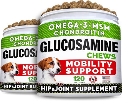 Glucosamine Treats for Dogs - Joint Supplement w/Omega-3 Fish Oil - Chondroitin, MSM - Advanced Mobility Chews - Joint Pain Relief - Hip & Joint Care - Peanut Butter Flavor - 240 Ct