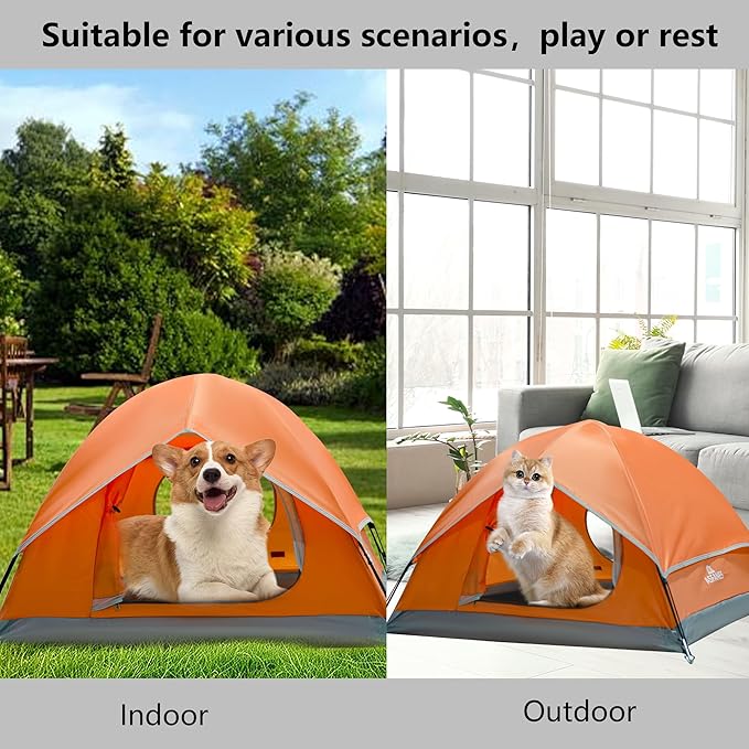 Outdoor Waterproof Pet Camping Tent, Cave Bed for Indoor Cats and Small Dogs, Portable Cat House Dog House, 29.5x29.5x18.9'', Orange, M.